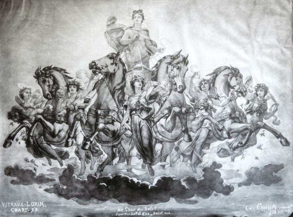 Dessin représentant le Char du Soleil avec Apollon, au centre, debout sur le char entraîné par quatre chevaux conduits par les Heures.