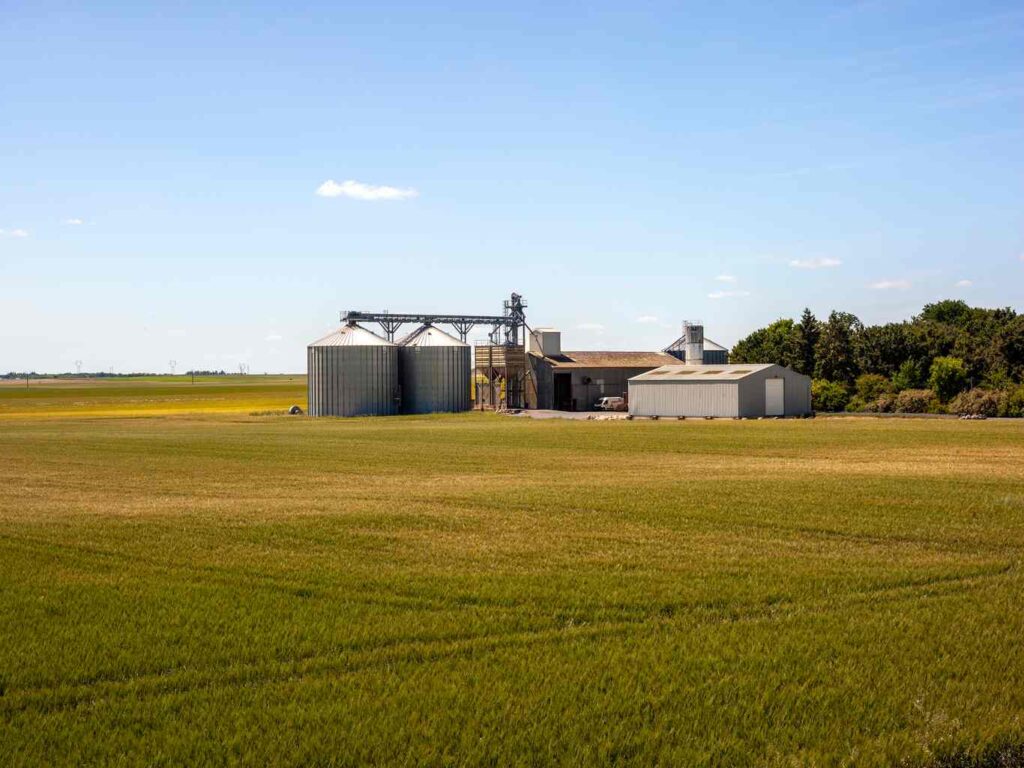 Paysage de Beauce avec des champs de blé et des bâtiments agricoles
